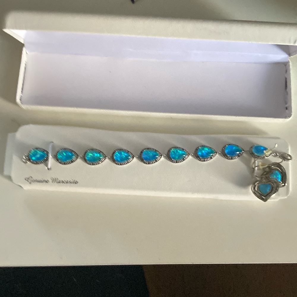 Marcasite and synthetic opal teardrop bracket silver plated brass genuine.